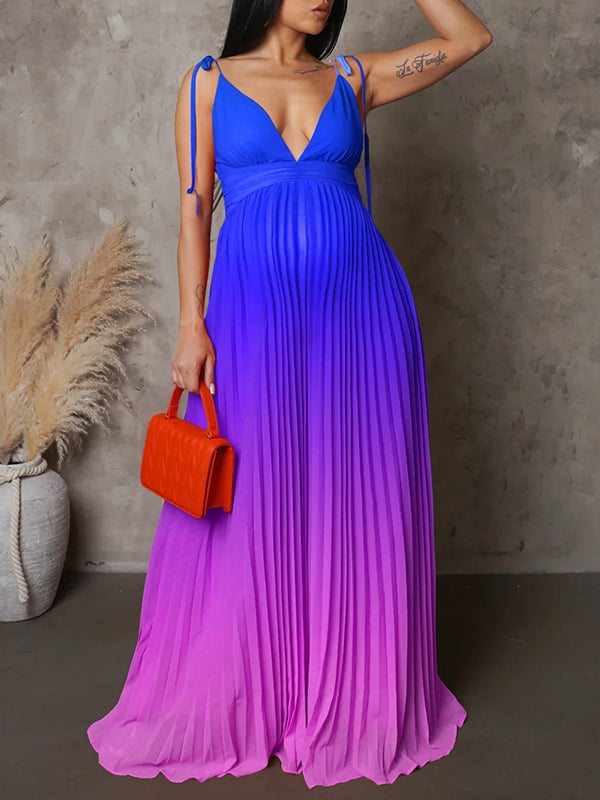 Momyknows Belly Friendly Spaghetti Strap Pleated Gradient Color Gender Reveal Maternity Maxi Dress