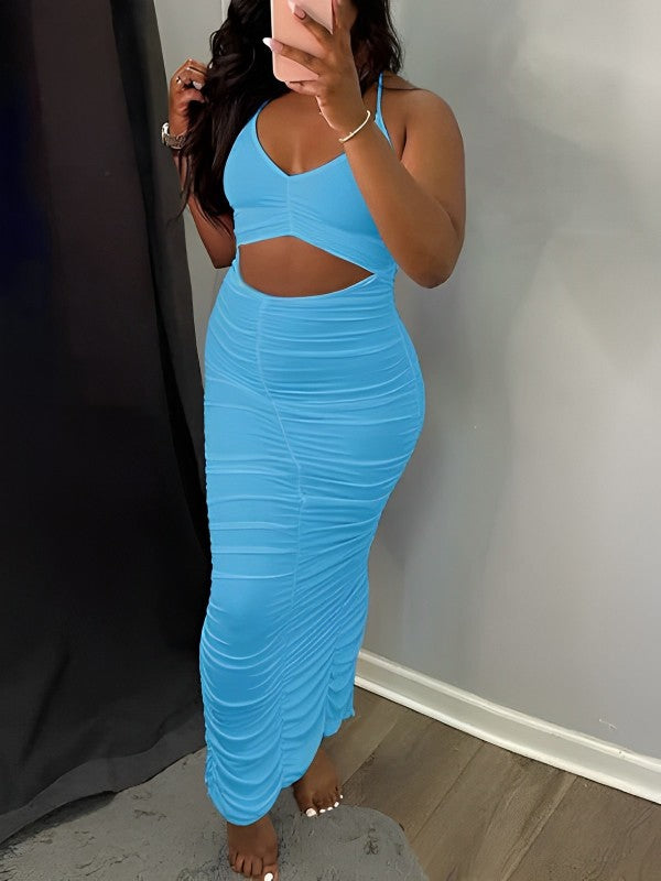 Momyknows Blue Cut Out Backless Slit Spaghetti Strap Ruched Baby Shower Bodycon Party Maternity Maxi Dress