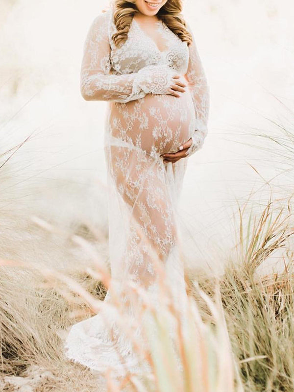 Bridal White Lace Dress Size 16 Momyknows White Lace Robe V-Neck Photoshoot Plus Size Maternity Maxi Dress White 4XL Bridal White Lace Dress Size 16 Momyknows White Lace Robe V-Neck Photoshoot Plus Size Maternity Maxi Dress White 4XL