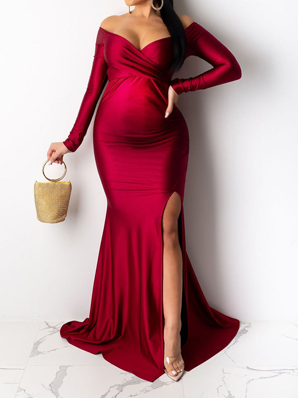 Winter Party Wear Red Formal Deep V Neck Off Shoulder Long Sleeve Slim Fit High Slit Mermaid Hem Wedding Guest Maxi Dress(Red/XL)