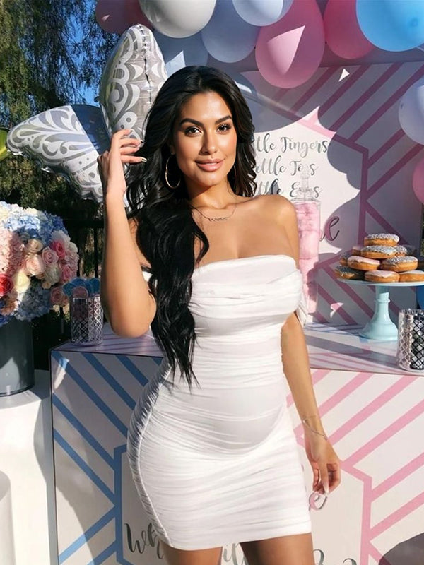 Momyknows White Grenadine Mesh Off Shoulder Ruffle Cap Sleeve Bodycon Cute Gender Reveal Maternity Mini Dress