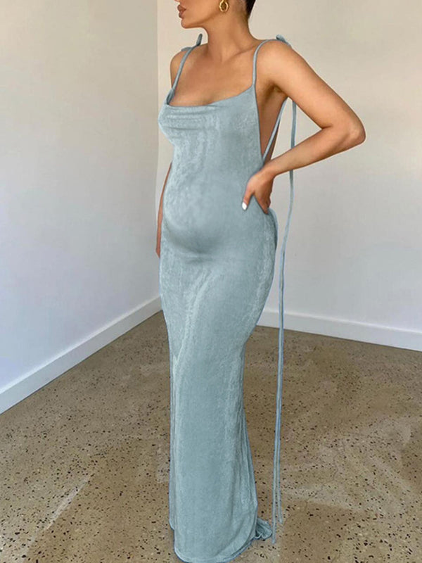 Momyknows Blue Spaghetti Straps Backless Bodycon Lace Up Boat Neck