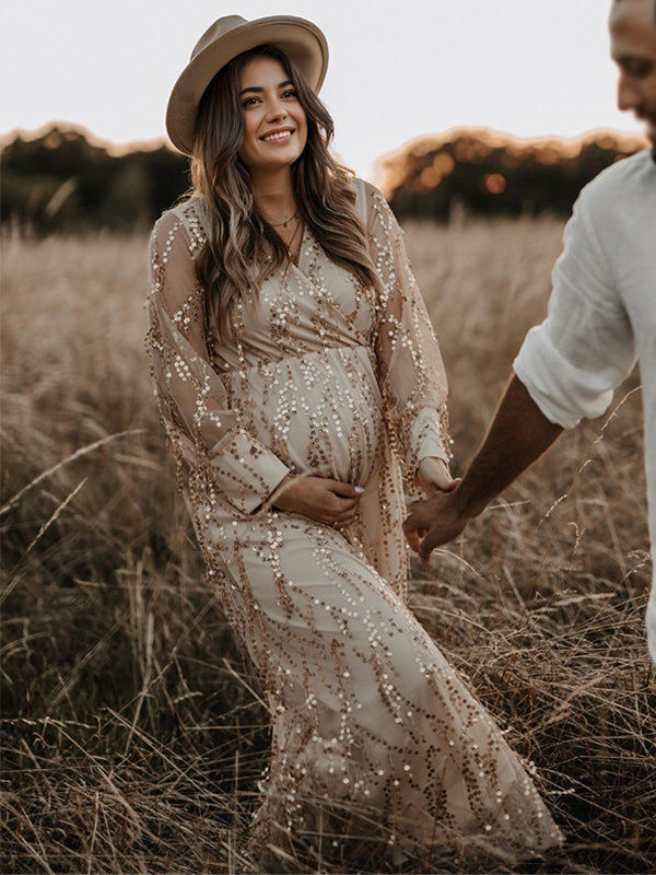 Momyknows Apricot Sequin Tassel Tulle Ruched Cross Chest Multi Way Tie Back V-neck Elegant Boho Photoshoot Maternity Maxi Dress
