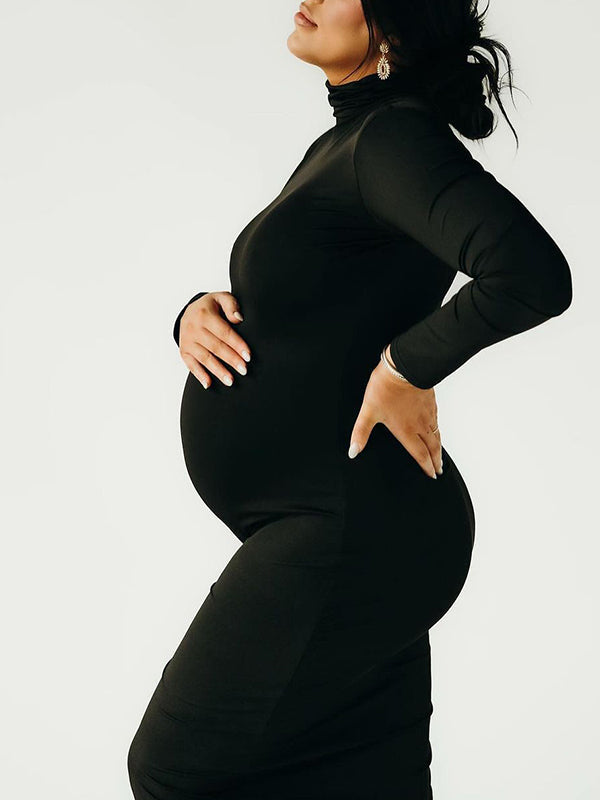Momyknows Solid Color High Neck Bodycon Mermaid Photoshoot Maternity Maxi Dress Black / S Momyknows Solid Color High Neck Bodycon Mermaid Photoshoot Maternity Maxi Dress Black / S