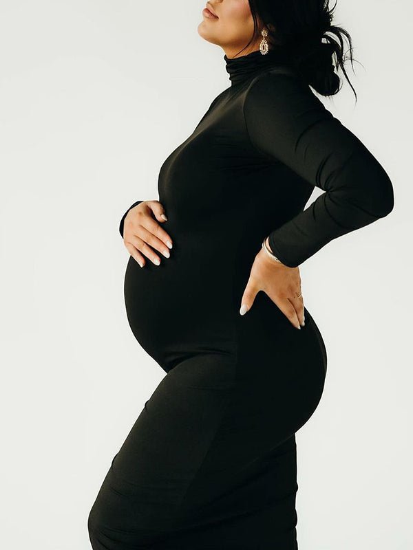 Momyknows Solid Color High Neck Bodycon Mermaid Photoshoot Maternity Maxi Dress, Black / L