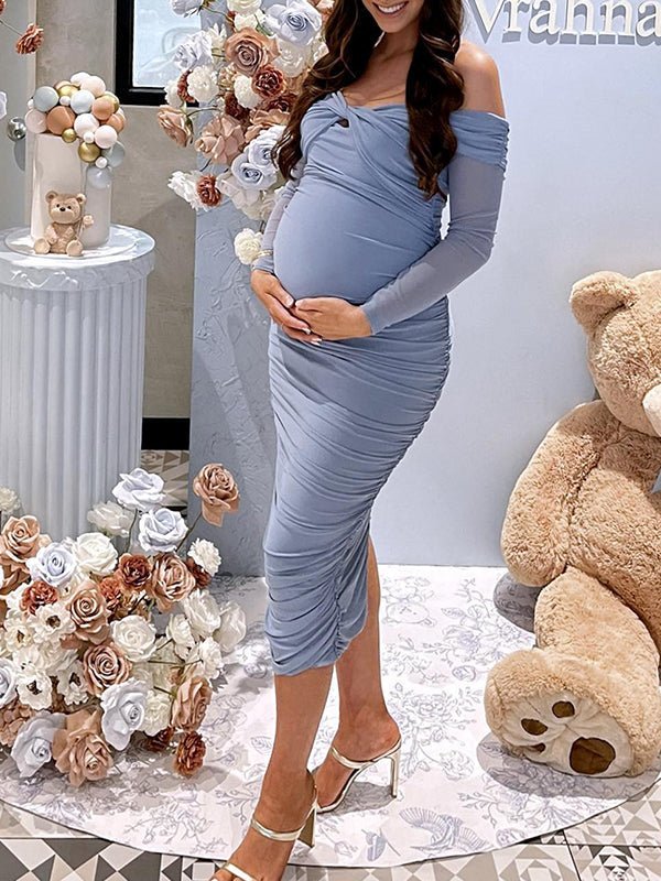 Momyknows Blue Ruched Off Shoulder Cross Chest Bodycon Elegant Wedding Guest Maternity Photoshoot Midi Dress, Blue / L