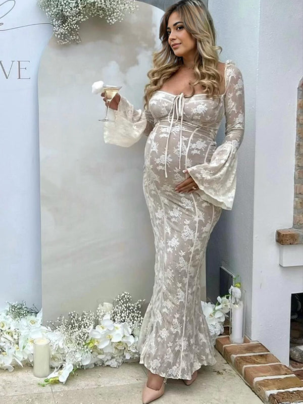 Momyknows White Lace Corset Square Neck Flare Sleeve Off Shoulder Bodycon Elegant Maternity Gender Reveal Maxi Dress