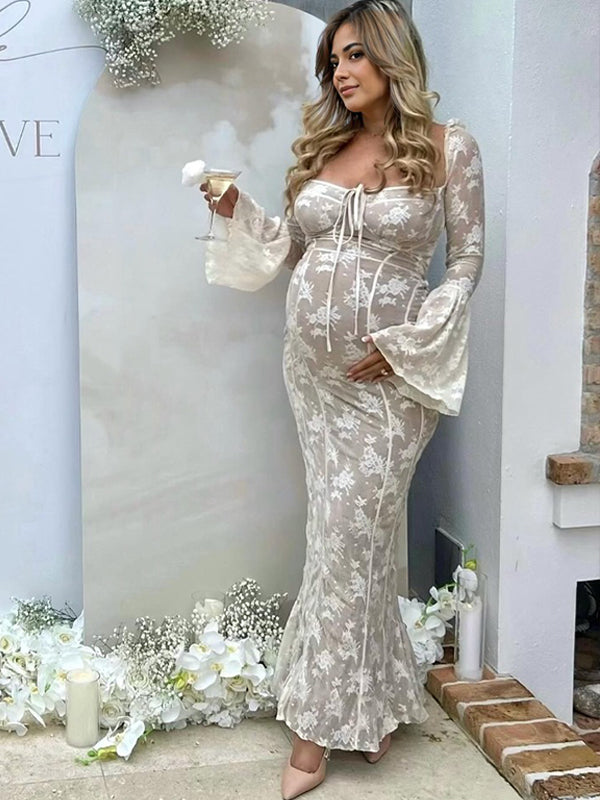 Momyknows White Lace Corset Square Neck Flare Sleeve Off Shoulder Bodycon Elegant Cocktail Party Maternity Photoshoot Baby Shower Maxi Dress
