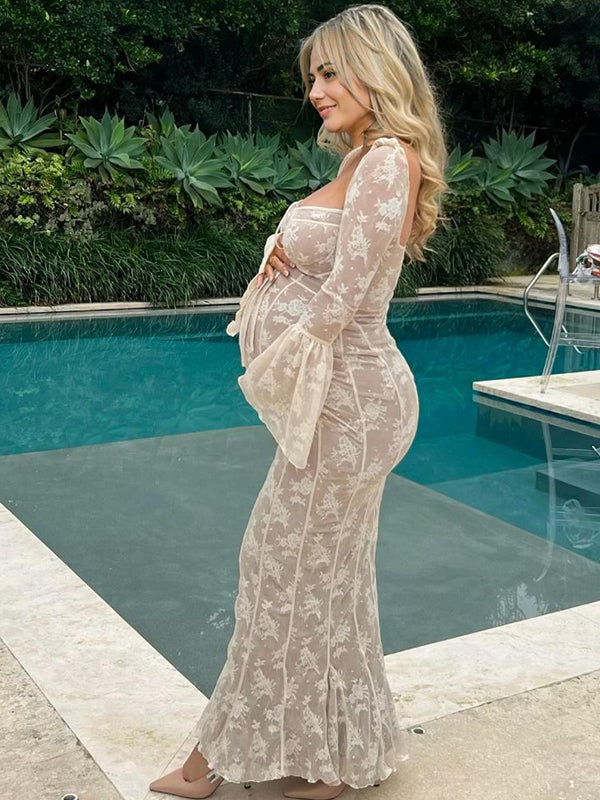 Momyknows White Lace Corset Square Neck Flare Sleeve Off Shoulder Bodycon Elegant Cocktail Party Maternity Photoshoot Baby Shower Maxi Dress