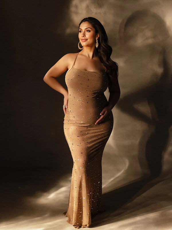 Momyknows Apricot Sheer Rhinestone Diamond Cami Bodycon Fashion Party Club Maternity Photoshoot Baby Shower Maxi Dress