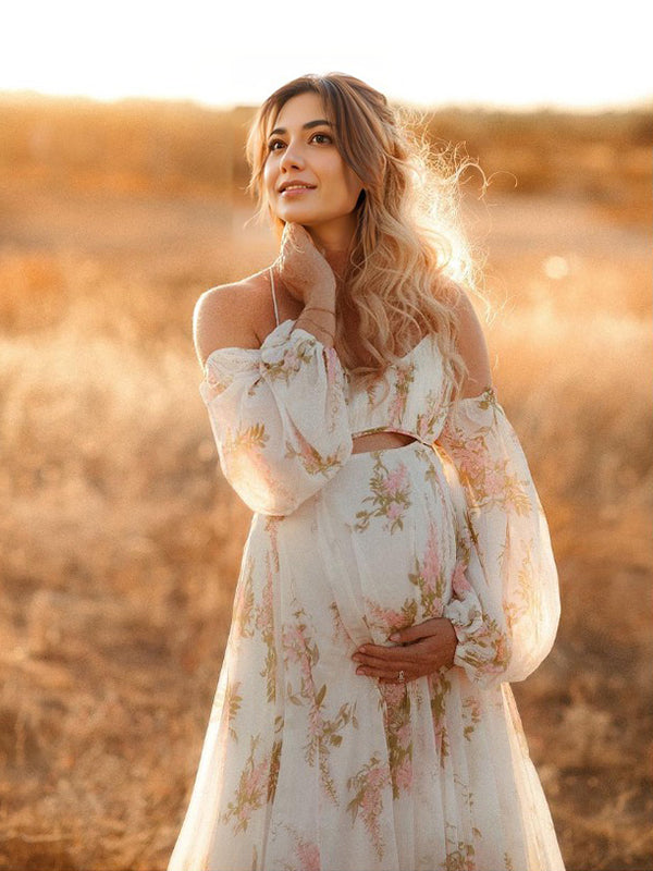 Momyknows White Floral Cut Out Off Shoulder Backless Cami Big Swing Elegant Vacation Maternity Hobo Photoshoot Baby Shower Maxi Dress