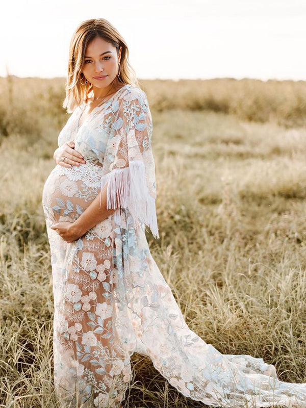 lace boho maternity dress Boho Flutter Sleeve Lace Maternity Gown: Vintage Style