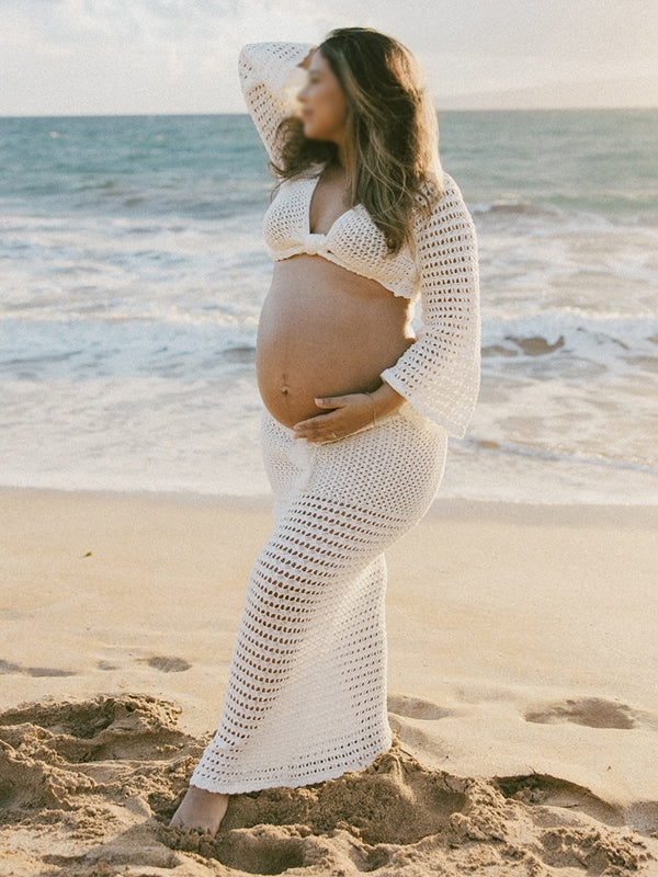 Momyknows White Tie Front Crop V-Neck Crochet Beach Vacation Photoshoot Maternity Maxi Dress