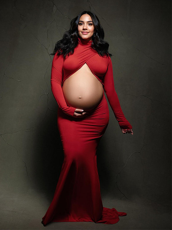 Momyknows Red Cross Front Crop Cut Out Backless Mermaid Bodycon Photoshoot Maternity Maxi Dress Red / S