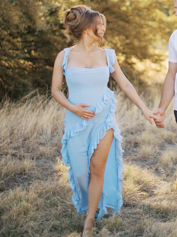 maternity maxi tank dress Momyknows Solid Color Ruffled Side Slit Tank Square Neck Elegant Maternity Maxi Dress Blue / S