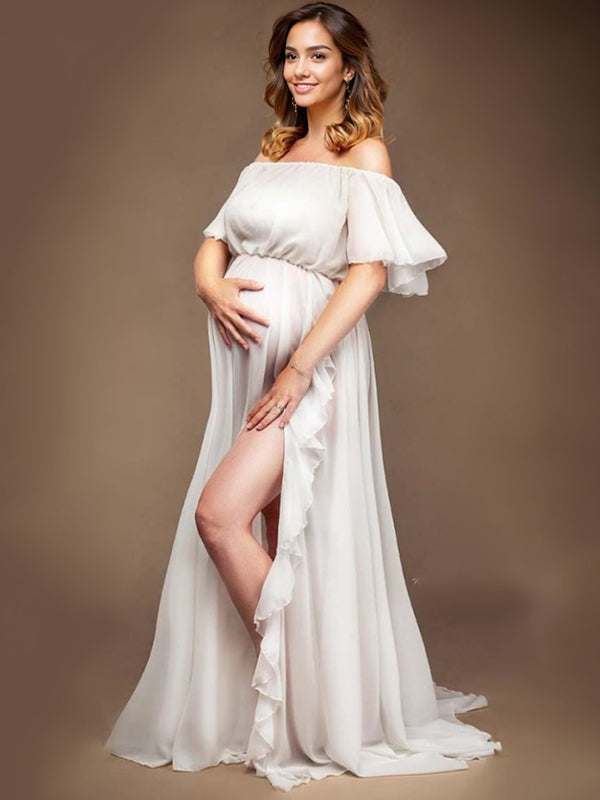 Momyknows Solid Color Off Shoulder Backless Ruffle Side Slit Chiffon Photoshoot Maternity Maxi Dress Green / XL Momyknows Solid Color Off Shoulder Backless Ruffle Side Slit Chiffon Photoshoot Maternity Maxi Dress Green / XL