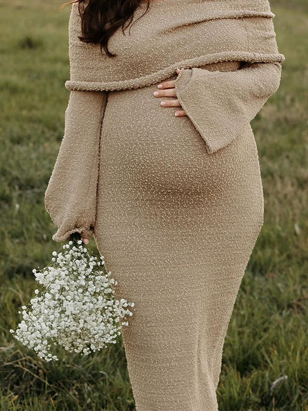 Momyknows Off Shoulder Hollow Out Knitwear Maternity Maxi Dress Apricot / XL Momyknows Off Shoulder Hollow Out Knitwear Maternity Maxi Dress Apricot / XL