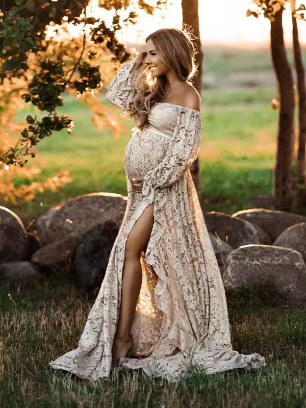 Momyknows Boho Lace Off Shoulder Lace Tassel Crop 2-in-1 Side Slit Ruffle Photoshoot Maternity Maxi Dress Apricot / L Momyknows Boho Lace Off Shoulder Lace Tassel Crop 2-in-1 Side Slit Ruffle Photoshoot Maternity Maxi Dress Apricot / L
