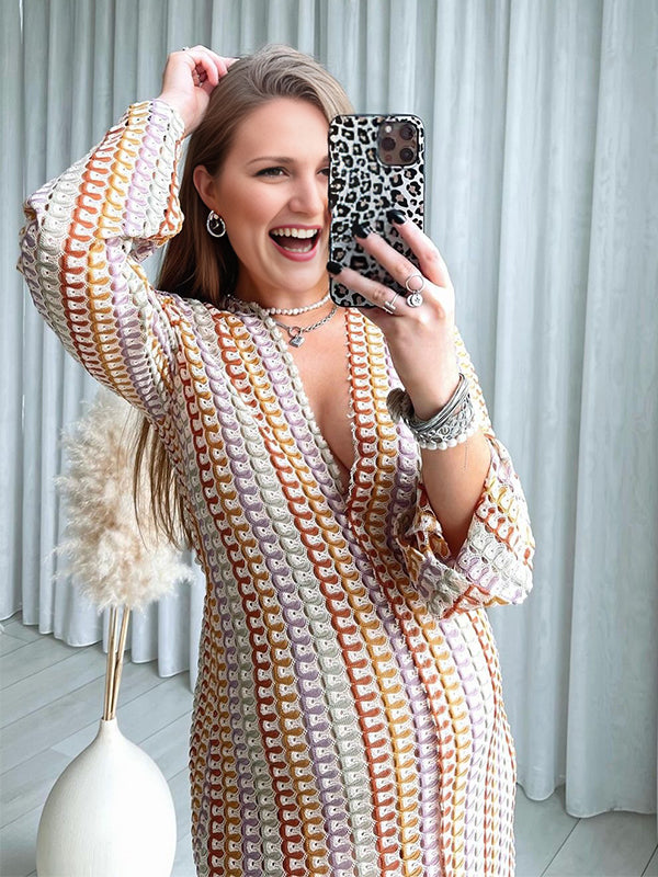 Momyknows Hollow Lace V-Neck Bodycon Flare Sleeve Hit Color Colorful Bodycon Vacation Gown Photoshoot Maternity Maxi Dress