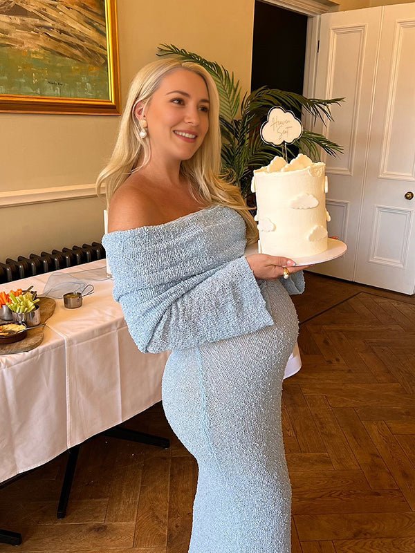 Momyknows Blue Knitted Off Shoulder Bodycon Crochet Flare Sleeve Elegant Baby Moon Beach Vacation Maternity Photoshoot Baby Shower Maxi Dress, Blue