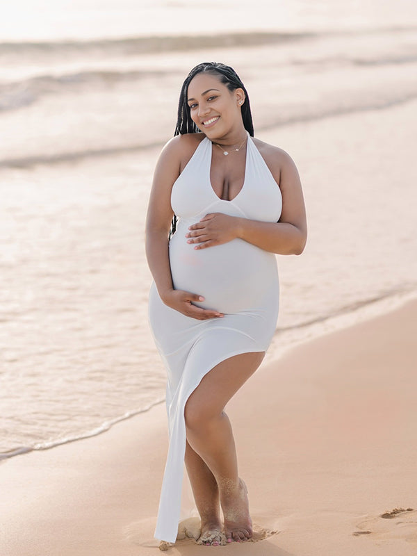Momyknows White Side Slit Halter Neck Backless Deep V-neck Bodycon Elegant  Cocktail Party Gown Maternity Photoshoot Baby Shower Maxi Dress