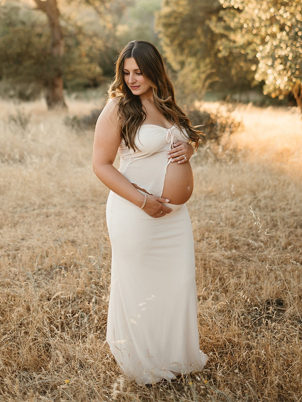 Momyknows Apricot Crop Bandeau Chest Lace-up 2-in-1 Bodycon Mermaid Elegant Photoshoot Maternity Maxi Dress Apricot / L