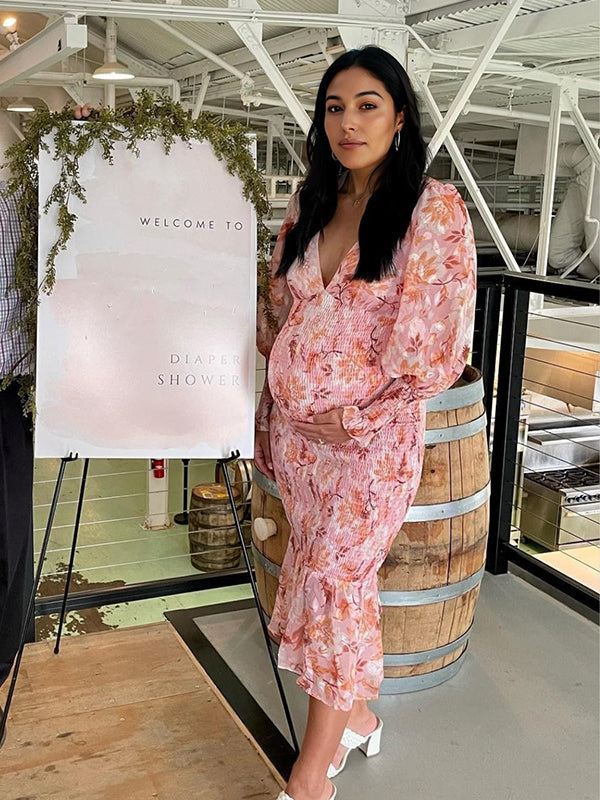 Momyknows Pink Floral Smocked Mermaid Deep V-neck Lantern Sleeve Elegant  Cocktail Party Maternity Photoshoot Baby Shower Maxi Dress