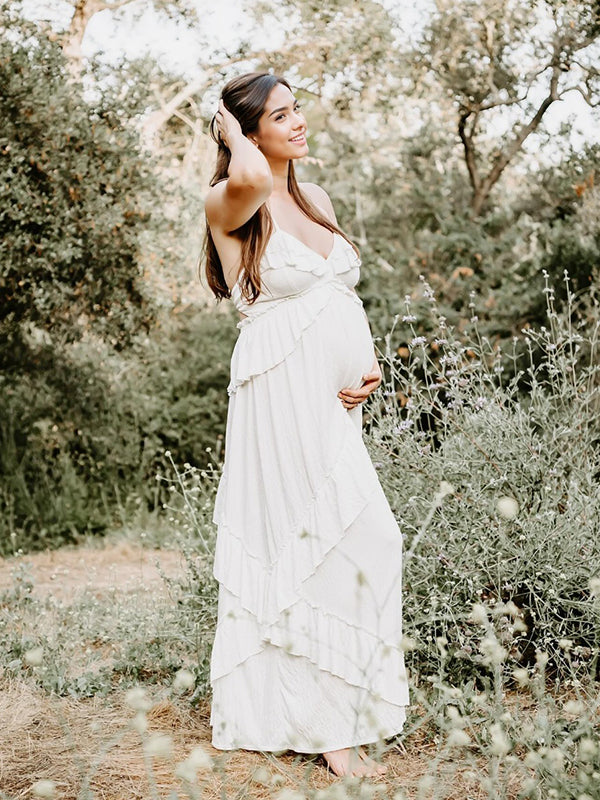 Momyknows Boho Solid Color Ruffle Halter Neck Backless Tie Back V-Neck Holiday Gowns Photoshoot Maternity Maxi Dress Blue / L Momyknows Boho Solid Color Ruffle Halter Neck Backless Tie Back V-Neck Holiday Gowns Photoshoot Maternity Maxi Dress Blue / L