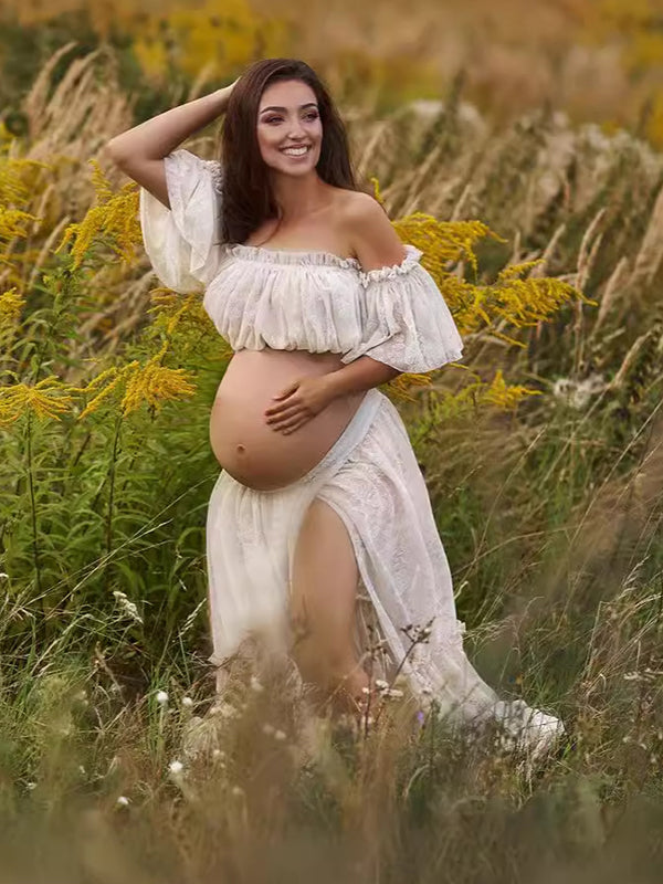 Momyknows White Boho Lace Bandeau Crop Ruffle 2-in-1 Side Slit Photoshoot  Maternity Maxi Dress