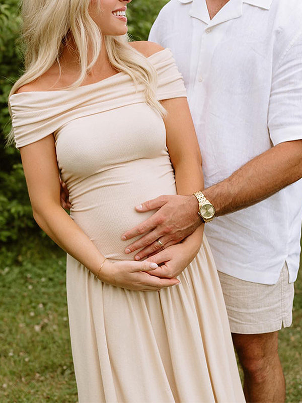 Momyknows Apricot Off Shoulder Ruched Backless Boat Neck Cap Sleeve Splicing Elegant Boutique Holiday Gowns Photoshoot Maternity Maxi Dress Apricot /