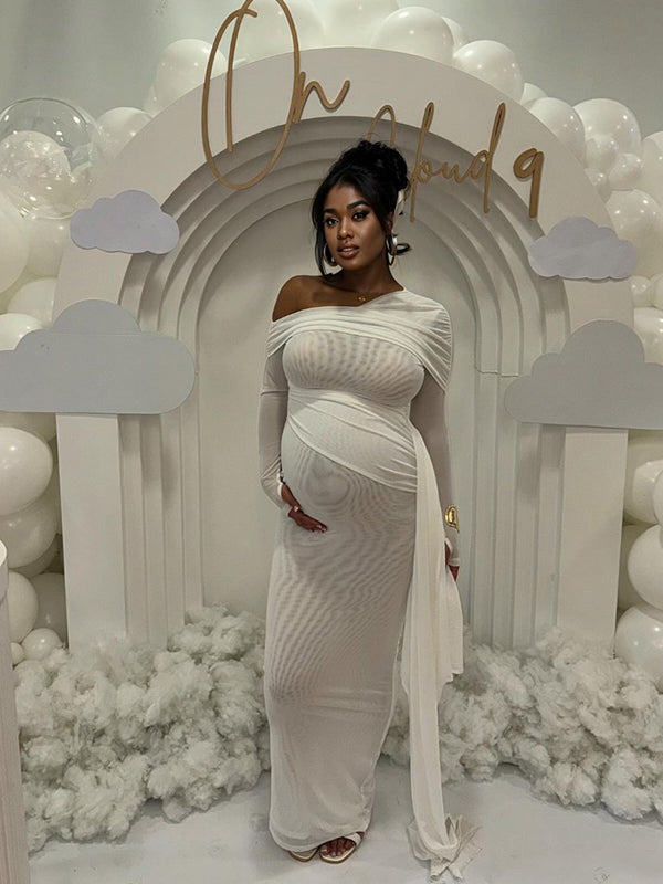 Momyknows White Mesh Irregular Ruched Draped Off Shoulder Bodycon Elegant Cocktail Party Gown Maternity Photoshoot Baby Shower Maxi Dress
