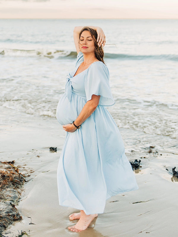 Momyknows Bow Flutter Sleeve Solid V-neck Flowy Beach Cute Photoshoot Baby Shower Maternity Maxi Dress Momyknows Bow Flutter Sleeve Solid V-neck Flowy Beach Cute Photoshoot Baby Shower Maternity Maxi Dress