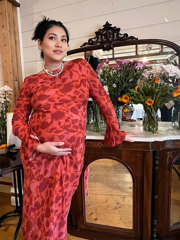 Momyknows Red Leopard Flare Sleeve Mermaid Bodycon Cute Elegant Photoshoot Baby Shower Maternity Maxi Dress