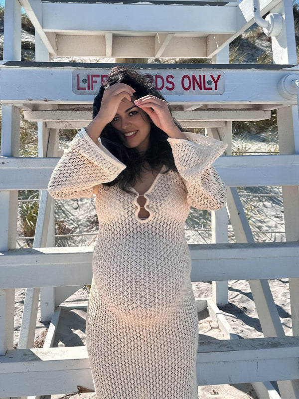 Momyknows Beige Cut Out Knit V-neck Flare Sleeve Backless Elegant Photoshoot Baby Shower Maternity Maxi Dress
