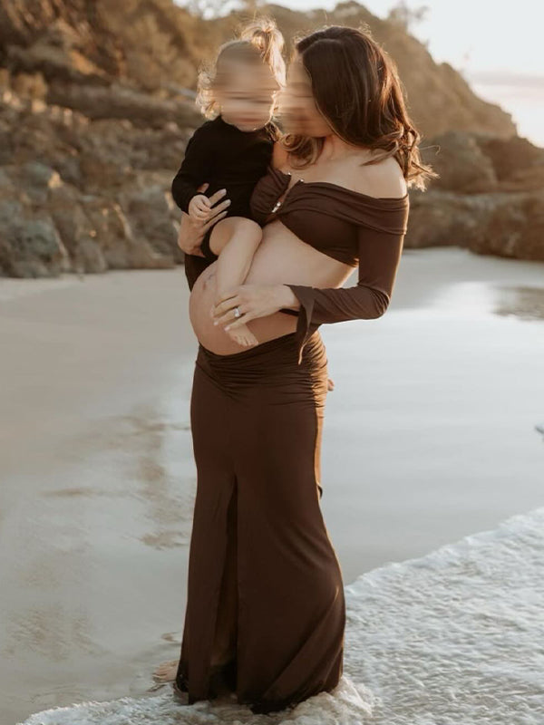 Momyknows Brown 2-in-1 Off Shoulder Flare Sleeve Ruched Back Slit Bodycon Elegant Photoshoot Maternity Maxi Dress