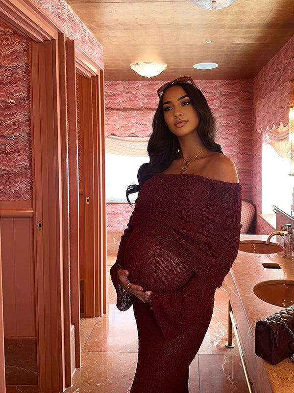 Momyknows Burgundy Knitted Off Shoulder Flare Sleeve Bodycon Elegant Baby Moon Beach Cover Up Maternity Photoshoot Baby Shower Maxi Dress