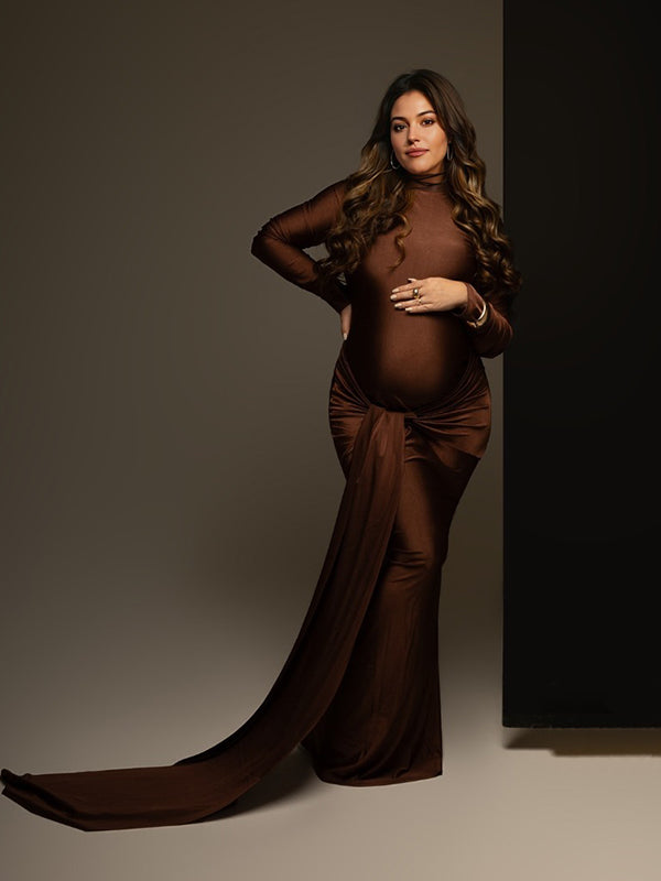 Momyknows Solid Color Belt Splicing Ruched Draped Bodycon Mermaid Long  Sleeve Going Out Photoshoot Maternity Maxi Dress