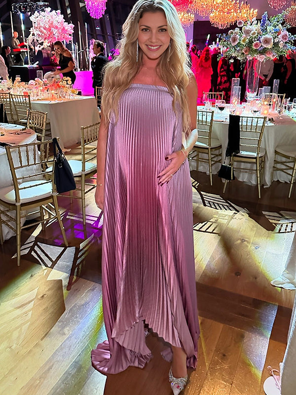 Momyknows Pink Gradient Color Bandeau Pleated Big Swing Strapless Elegant Cocktail Party Maternity Photoshoot Baby Shower Maxi Dress