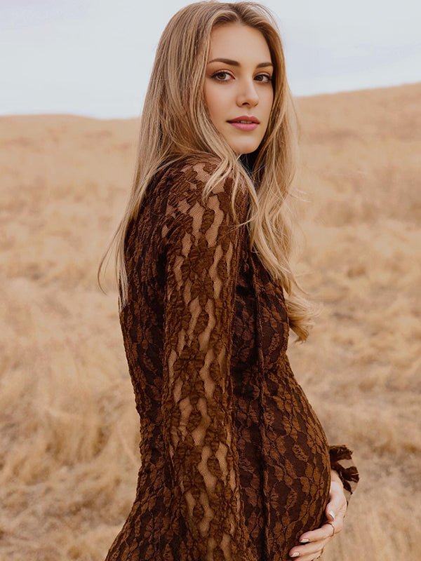 Momyknows Browm Floral Lace-Up Flare Sleeve Elegant Semi-sheer Maternity Photoshoot Maxi Dress, Brown / L
