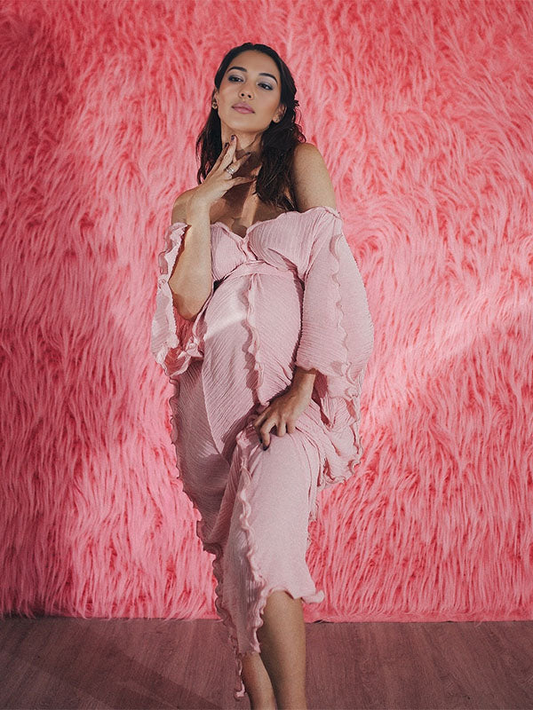 pink ruffle off the shoulder maternity dress Momyknows Pink Ruffle Off Shoulder V-neck Belted Photoshoot Baby Shower Maternity  Maxi Dress