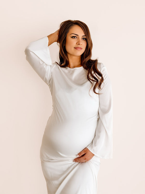 Momyknows Silk Back Tie Solid Color Flare Sleeve Elegant Photoshoot Baby Shower Maternity Maxi Dress Brown / XS Momyknows Silk Back Tie Solid Color Flare Sleeve Elegant Photoshoot Baby Shower Maternity Maxi Dress Brown / XS