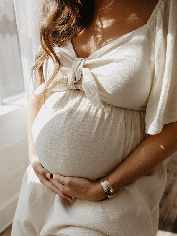 Momyknows Bow Flutter Sleeve Solid V-neck Flowy Vacation Beach Cute Baby Shower Photoshoot Maternity Maxi Dress
