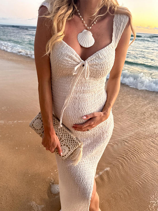 Momyknows Smocked Bow Tie Side Slit Elegant Bodycon Vacation Beach Photoshoot Cute Baby Shower Maternity Maxi Dress White / L