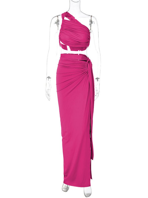 Momyknows One Shoulder Cut Out Side Slit Draped Ruched Bodycon Fashion Vacation Photoshoot Maternity Maxi Dress, Rose Carmine / M