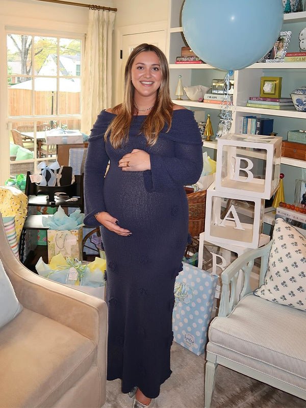 Momyknows Navy Blue Off Shoulder 3D Flowers Flare Sleeve Mermaid Bodycon Photoshoot Baby Shower Maternity Maxi Dress, Navy Blue / L