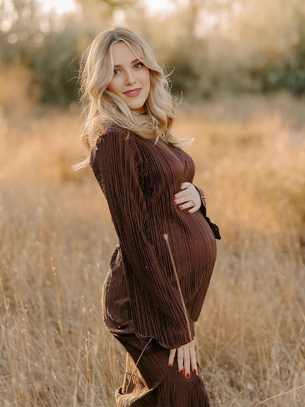 Momyknows Brown Pleated Ruffle Belted Elegant Photoshoot Baby Shower  Maternity Maxi Dress