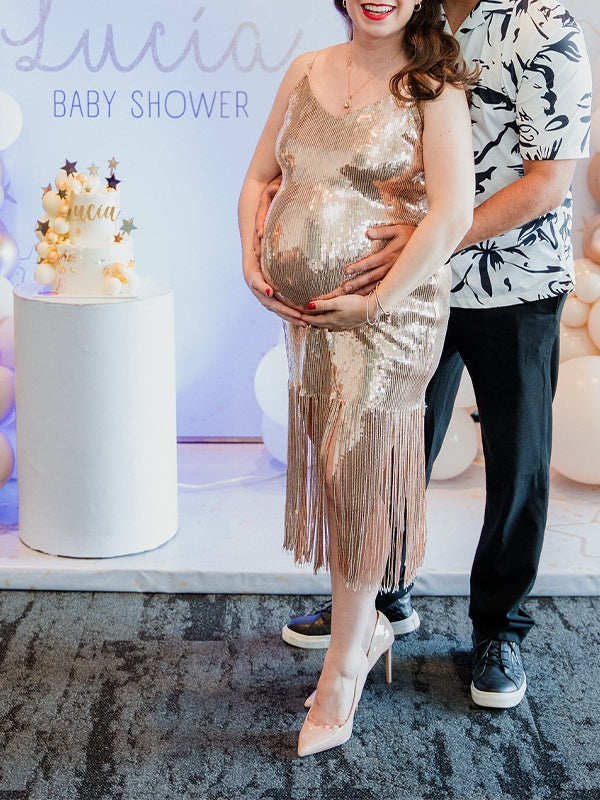 Momyknows Champagne Sequin Tassel Backless Bodycon Cocktail Party Baby Shower Maternity Midi Dress Champagne / S Momyknows Champagne Sequin Tassel Backless Bodycon Cocktail Party Baby Shower Maternity Midi Dress Champagne / S