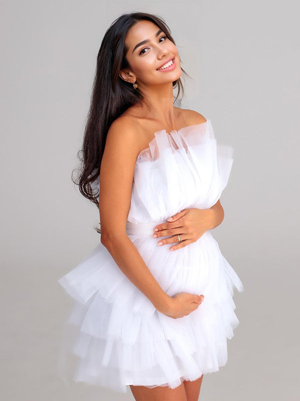 Momyknows White Grenadine Bandeau Bow Belt Tulle Tutu Elegant Princess Dress Maternity Photoshoot Baby Shower Mini Dress