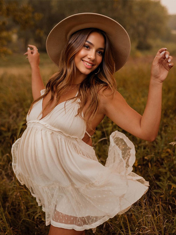 Momyknows Halter Neck Backless Mesh Splicing V-Neck Boho Photoshoot Maternity Mini Dress