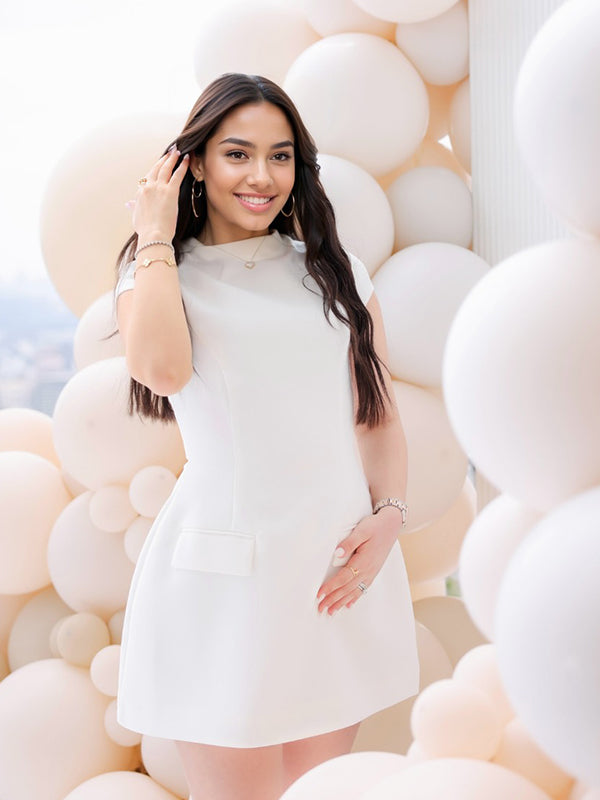 Momyknows White Pockets A-line Cap Sleeve Round Neck Plus Size Elegant Going Out Work Maternity Photoshoot Baby Shower Mini Dress White / 3XL Momyknows White Pockets A-line Cap Sleeve Round Neck Plus Size Elegant Going Out Work Maternity Photoshoot Baby Shower Mini Dress White / 3XL